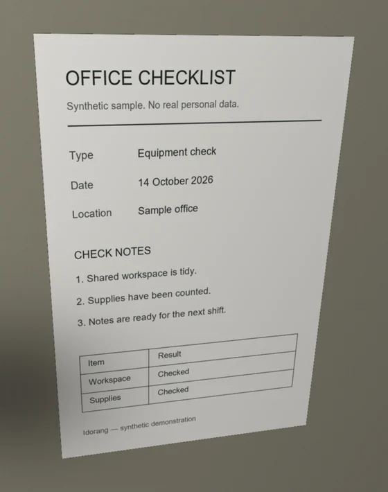 A synthetic office form photographed at an angle with a shadow
